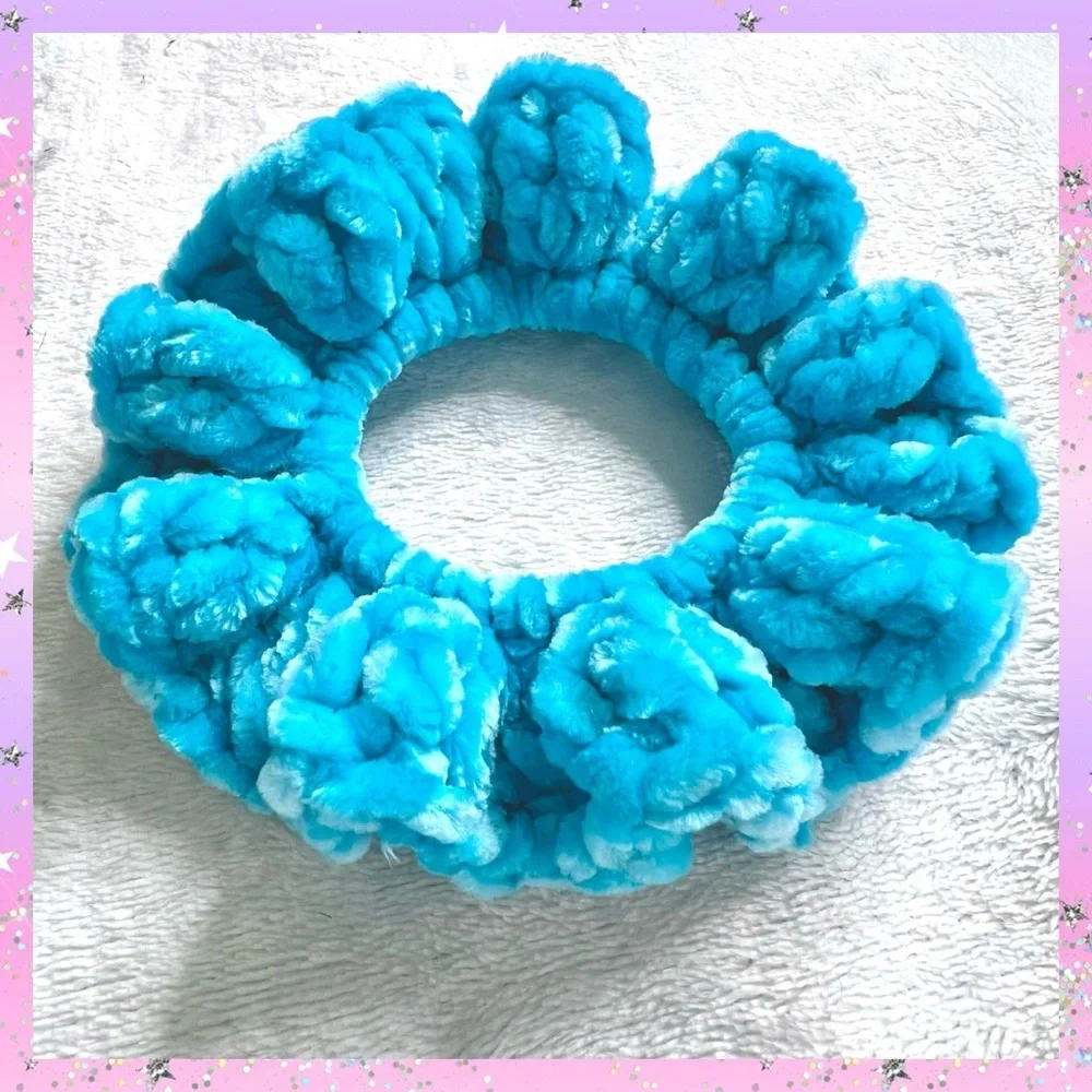 Handmade Crochet VELVET Ice Blue Large Hair Scrunchie Ice Princess PinkRainCloud